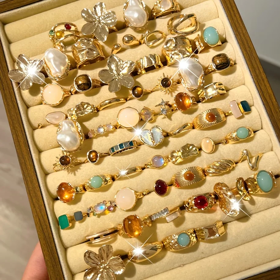 15/30Pcs Vintage Bohemian Minimalist Women Ring Set Flowers Asymmetry Twists Hearts Mixed Style Jewelry Parties Daily Wear Gifts