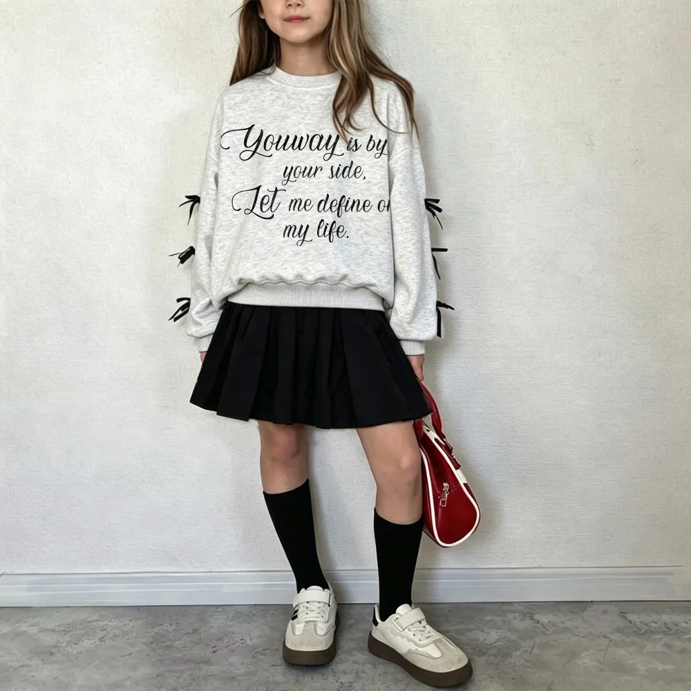 Autumn and Winter Japanese Girls' Bow Tie Dress Children's Korean Knitted Sweatshirt Dress Pleated Skirt