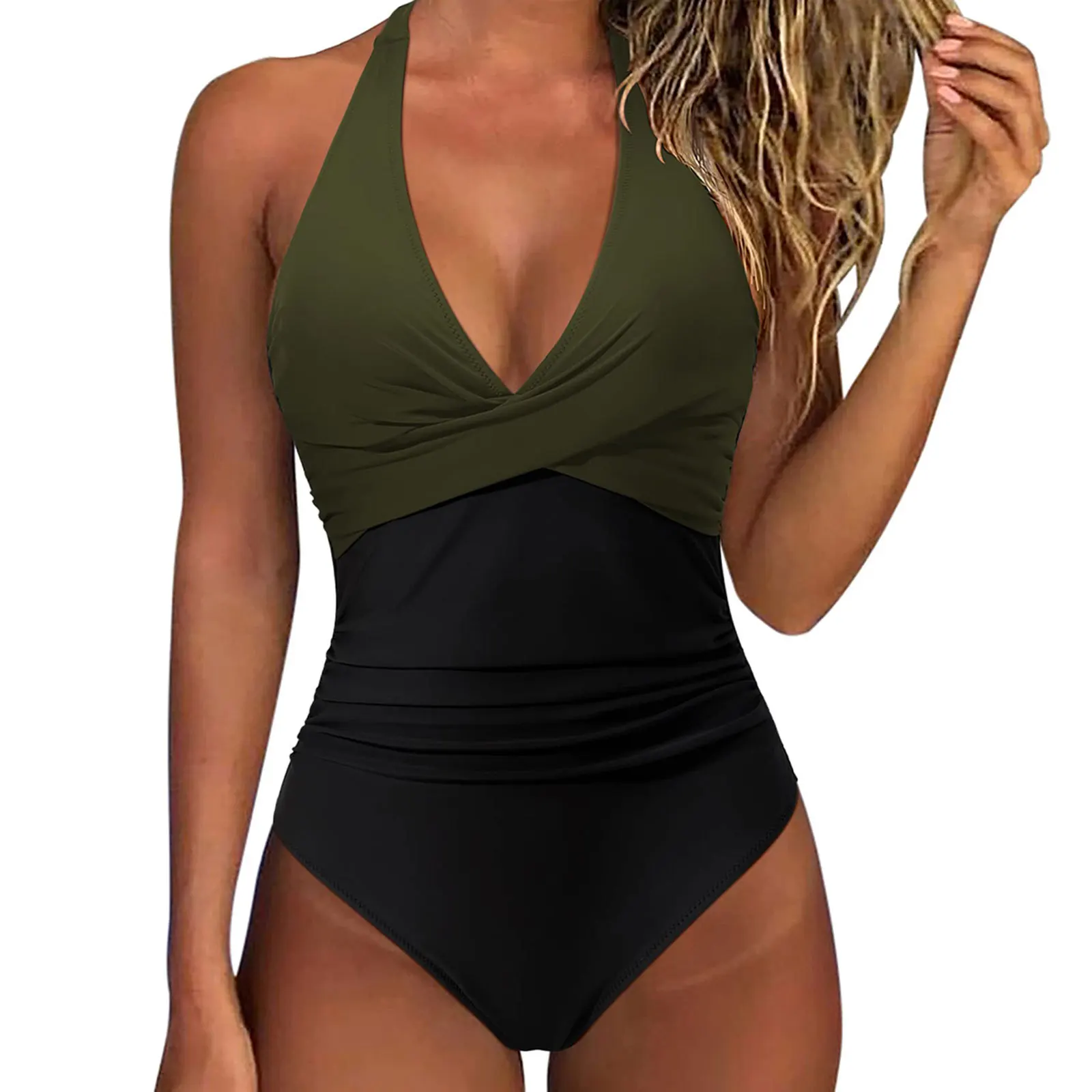 

2025 Women One Piece Swimsuit Print Splicing Color Backless Halter Design Female Swimwear Suspenders Beachwear Bathing Bikini