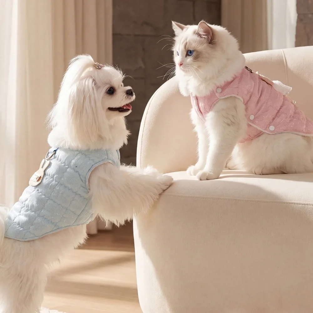 Quilted Cotton Dog Thermal Jacket Fluffy Collar Windproof Sweet Bear Pet Vest Button Style Warm Winter Dog Coat Small Dogs