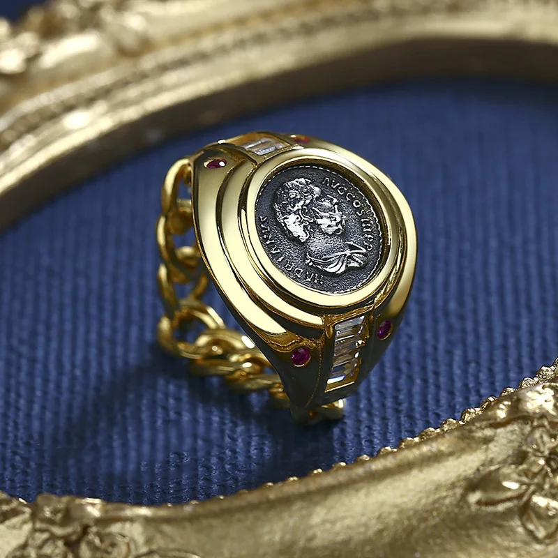 ABLES شيك عملة رومانية الصلبة 925 خاتم فضة العقيق معلمة اليونانية 18K الذهب لهجة عملة نسخة العتيقة خواتم خمر للنساء الرجال #5