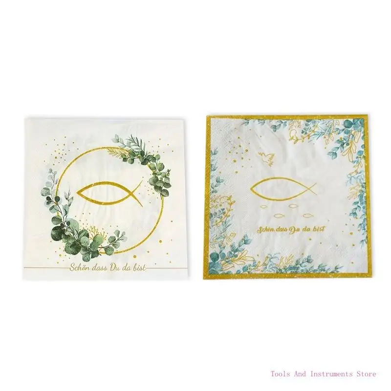 20 Celebración religiosa Papel servilletas con eucaliptos Patrón peces para bautizos First Communion Event C7AC