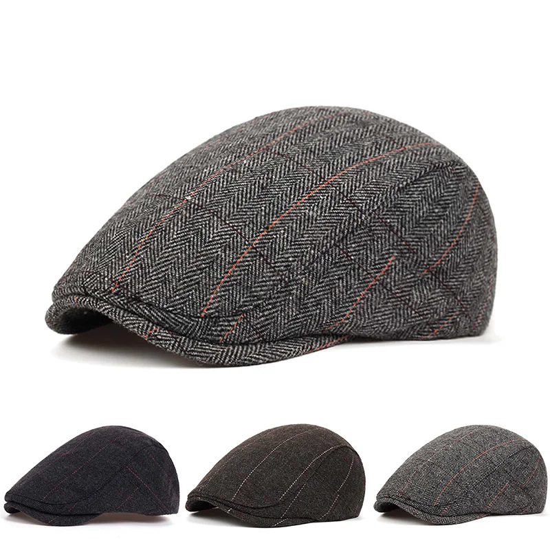 

Men Autumn and Winter Warm Newsboy Caps British Painters Hats Herringbone Grid with Red Line Flat Cap Hip Hop Berets