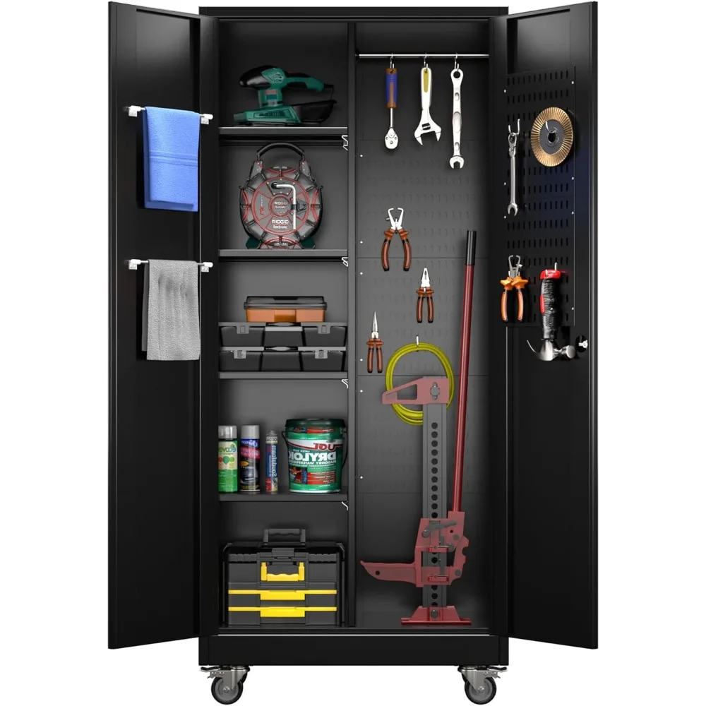 

71" H Broom Storage Cabinet with Wheels and Doors,Rolling Tool Cabinet with Pegboard,Shelves and Rod for Garage Warehouse Home,R