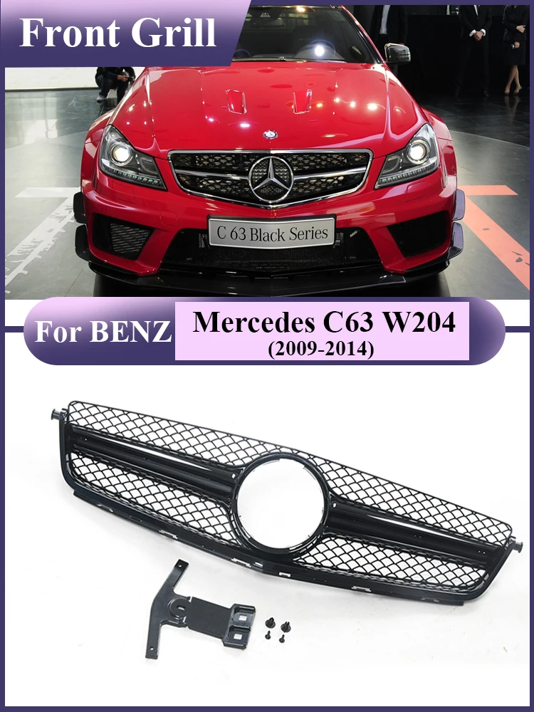 

For Mercedes Benz C Class C63 W204 2009-2014 Diamond Silver Stars AMG Style Intake Radiator Grill Front Air Center Racing Grille