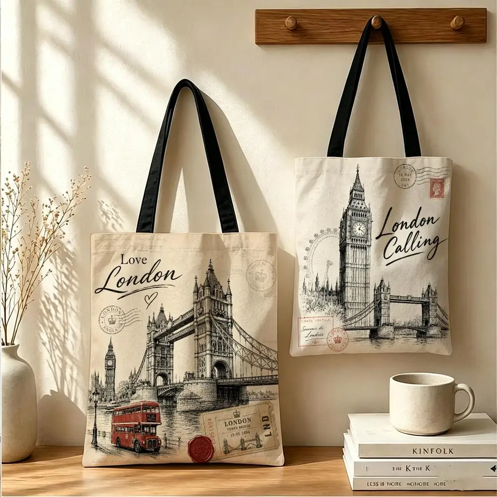 London Landmark Collage Storage Bags Large Capacity Canvas Tote Bag Reusable Shoulder Handbag for Daily Shopping Travel