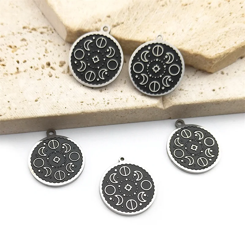 5PCS Moon Phase Star Black Charms Stainless Steel Enamel Vintage Crescent Charm DIY Necklace bracelet Earring Accessories