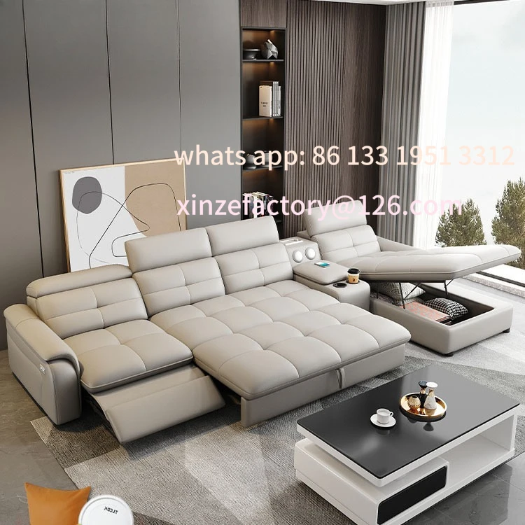 

Customizable multifunctional electric leather sofa straight row size apartment living room storage folding dual-purpose telescop