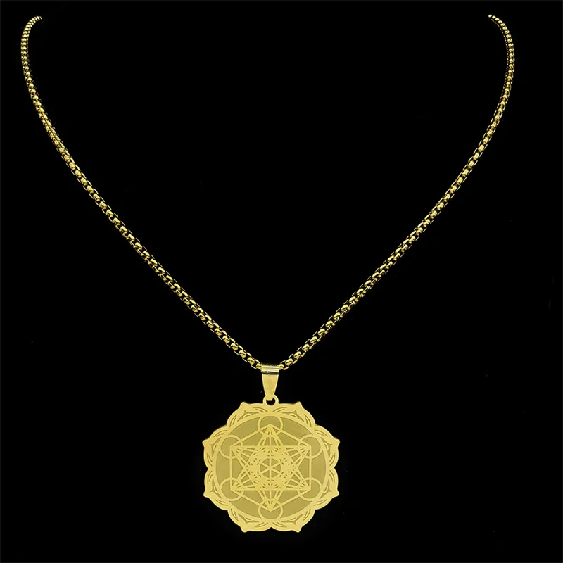 Geometry Metatron Cube Flower of Life Lotus Seal Pendant Archangel Necklace Earrings Women Men Stainless Steel Jewelry Set
