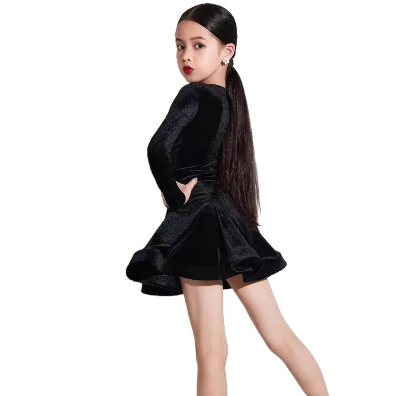 子供用ラテンダンストレーニングスーツ、女の子用ワイドスカートパフォーマンスプロフェッショナル衣装、秋冬の新しいスタイル