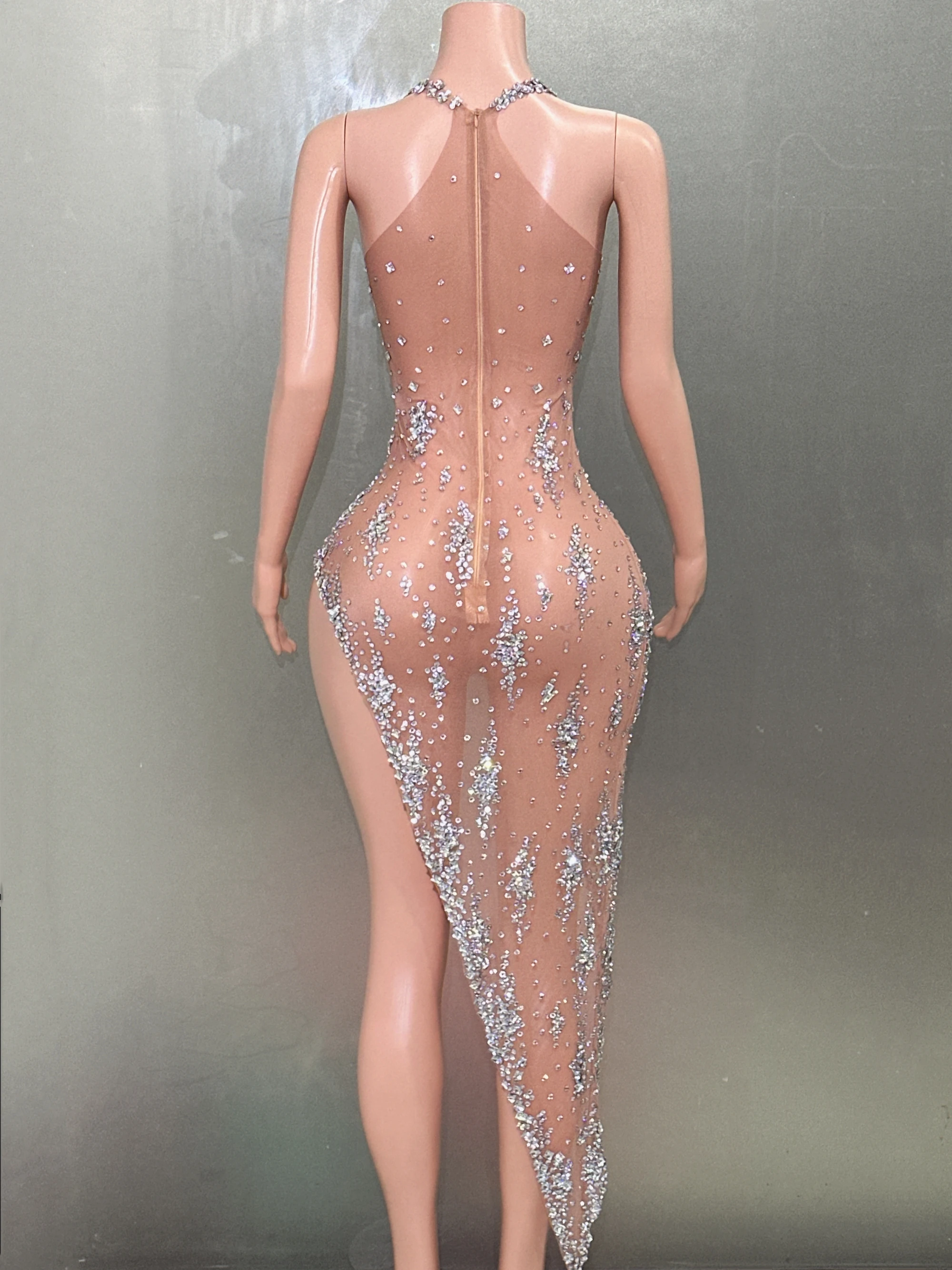 Sparkly Rhinestones High Split Asymmetrical Dress for Women Sexy Evening Celebrate Wedding Birthday Dress Photo Shoot Costume