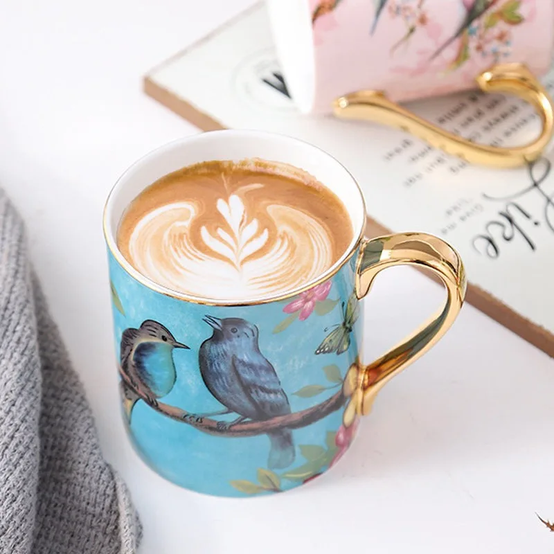 Bone China Coffee Mug, Vintage Bird Butterfly Floral Pattern Ceramic Tea Cup, Gold Handle Decorative Mug Gift for Women