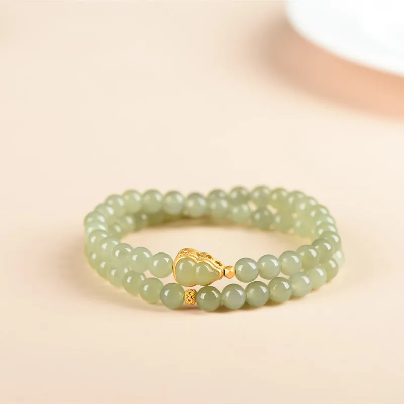 Natural Hetian Jade Bead Bracelet Women Double Loop Bracelet 6mm Silver Plated Gold With Handmade Simple Fashion Luxury Jewelry