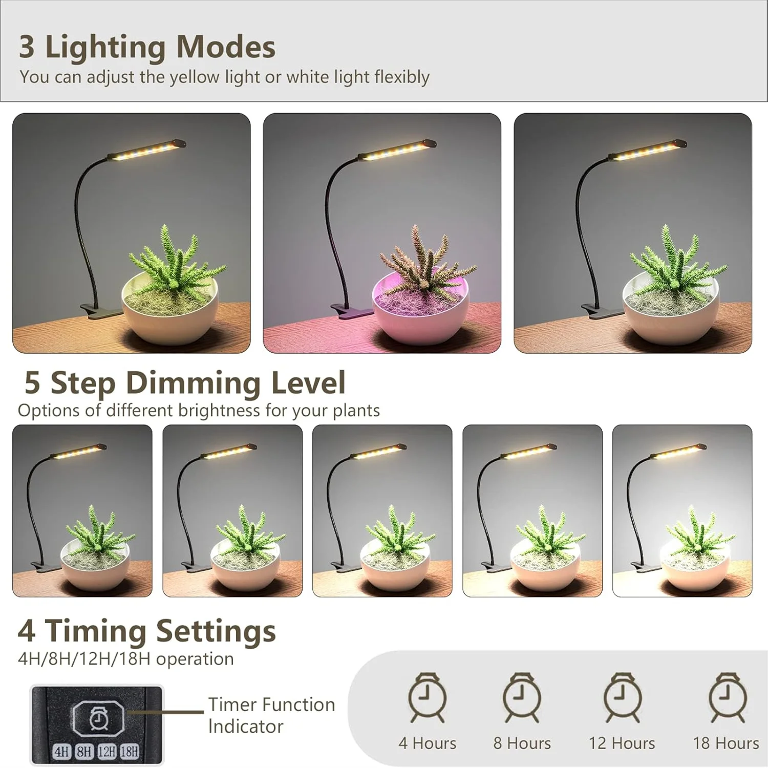3Colors Clip Full Spectrum Grow Light LED Gooseneck Lamp USB Brightness Color Mode Changeable 5V Timing Control 4/8/12/18Hours