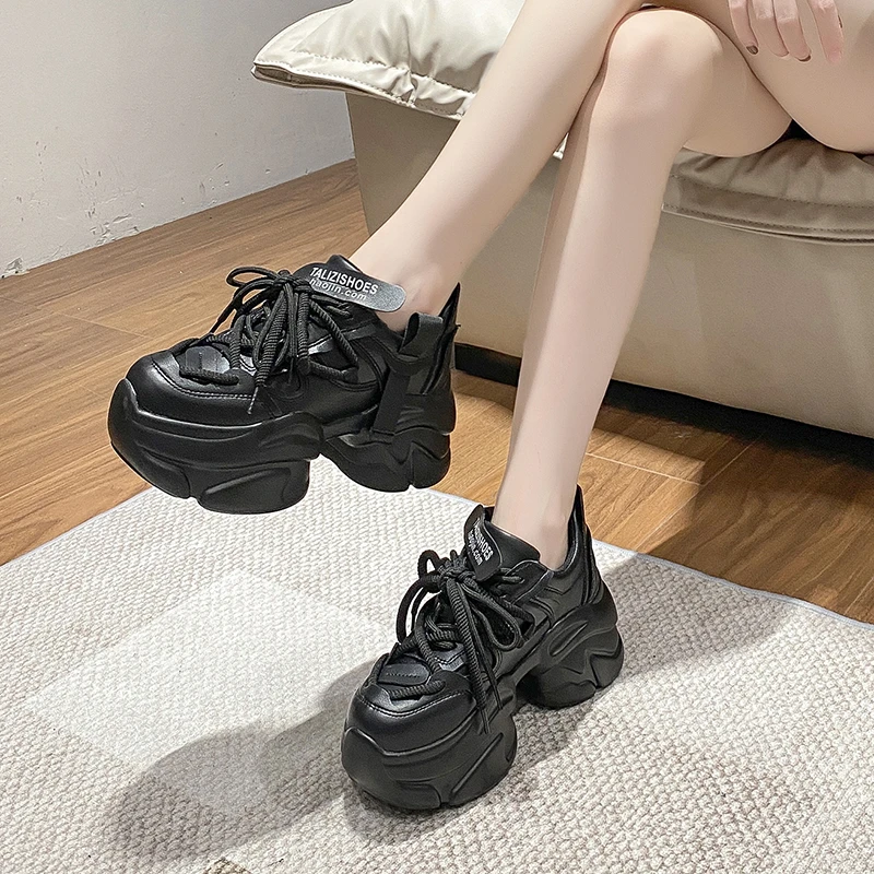 8CM Autumn Spring Women Non-slip High Platform Shoes Wedge Heels Casual Height Increasing Chunky Sneakers Women Leather Shoes