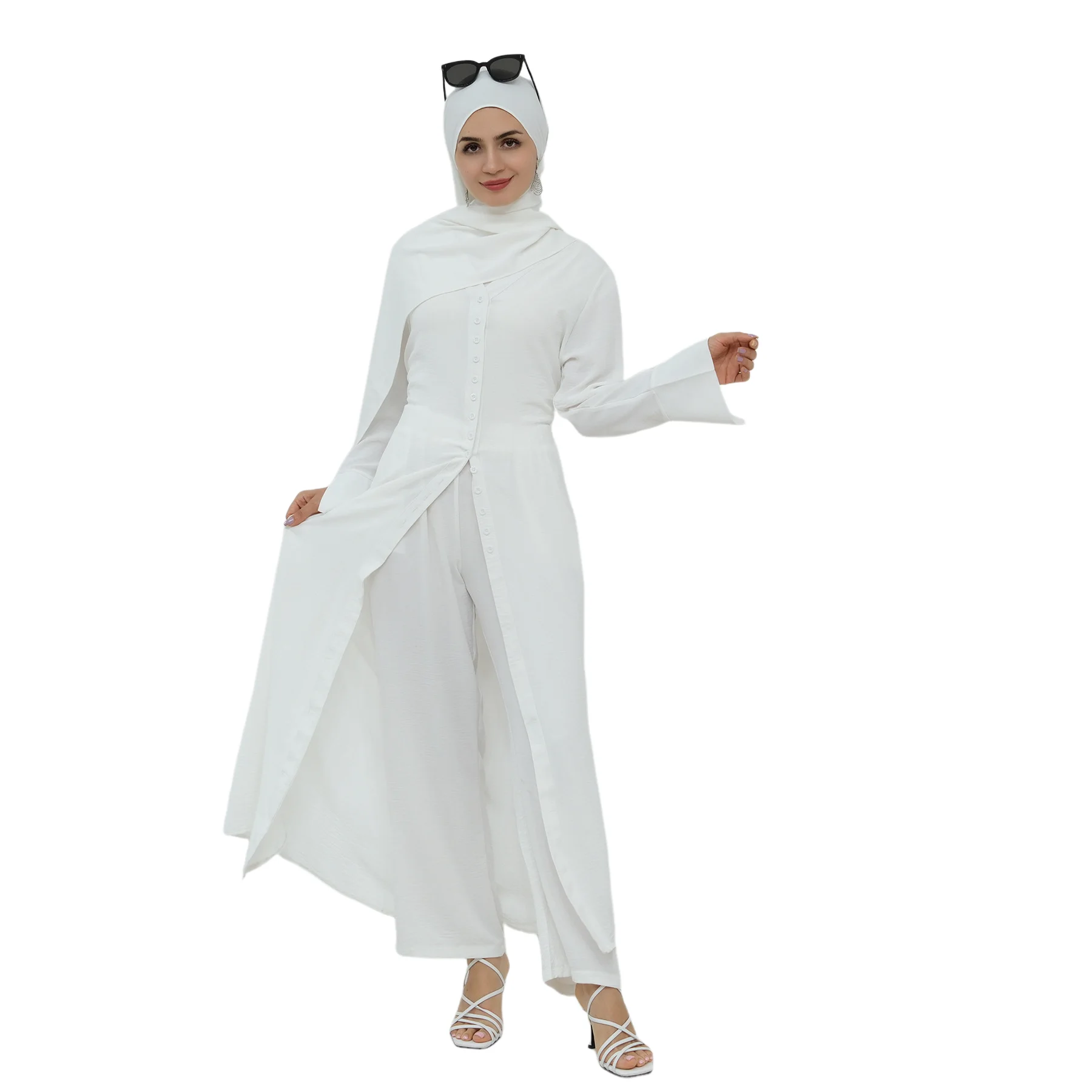 

Fashion 2 Piece Open Buttons Abaya with Pant Set Muslim Suit Islamic Clothing Abayas for Women Dubai Kaftan Robe Arab Casual