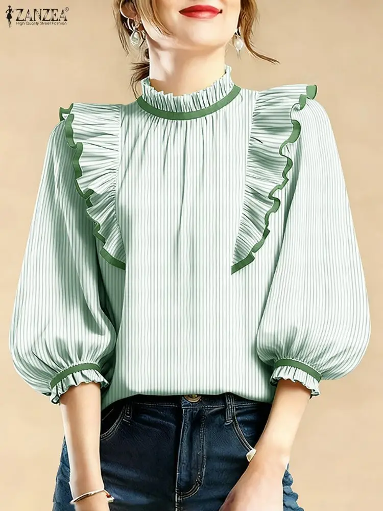 

ZANZEA Office Ruffled Shirts Ladies Chic Tunic Tops Women Elegant 3/4 Lantern Sleeve Work Blouse 2026 Summer Striped Shirt Mujer