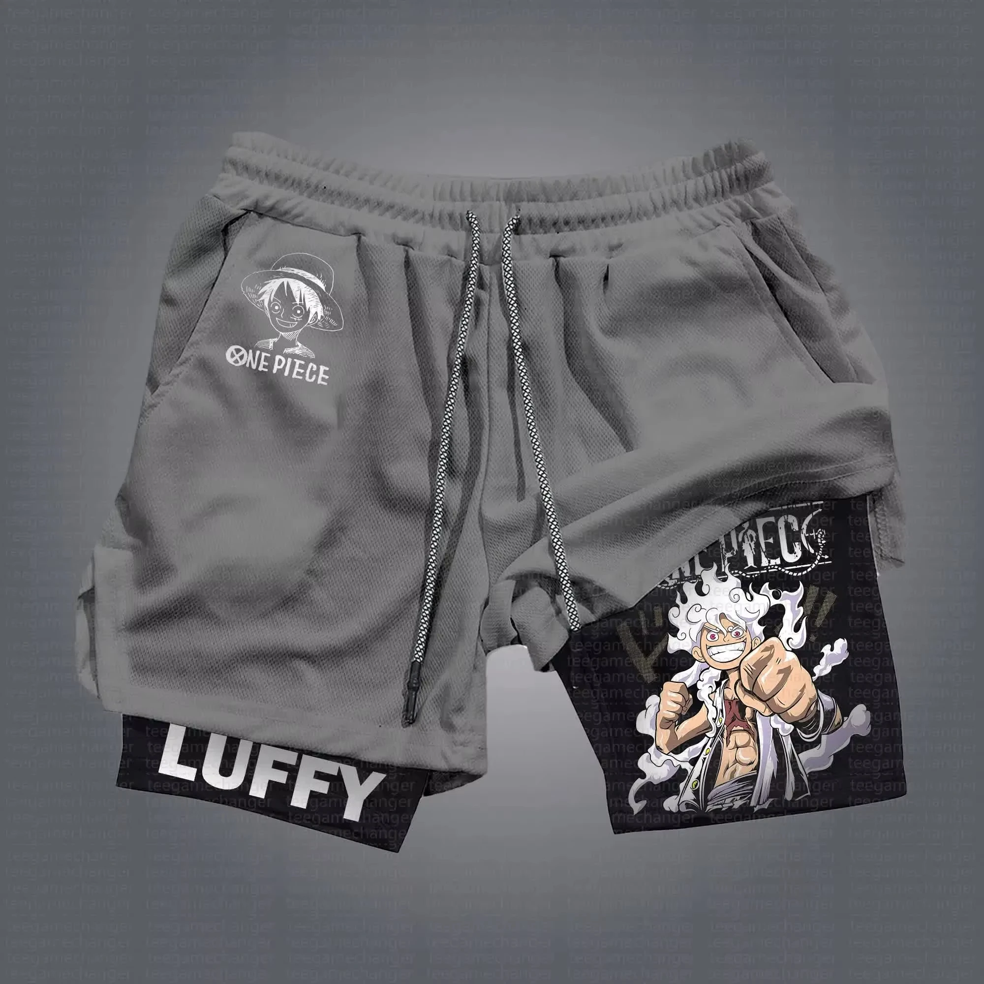 Bandai One Piece Luffy bedruckte doppellagige Shorts, lockere, schweißableitende und atmungsaktive Sportshorts für Herren und Damen im Sommer