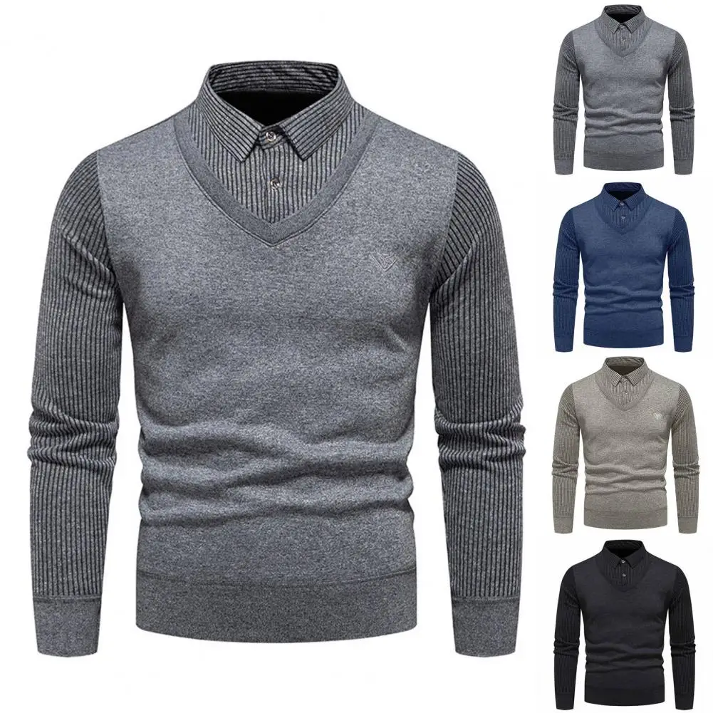 Fall Winter Men Sweater Slim Fit Fake Two-piece Long Sleeve Business Sweater Lapel Buttons Striped Pullover Knitted Top