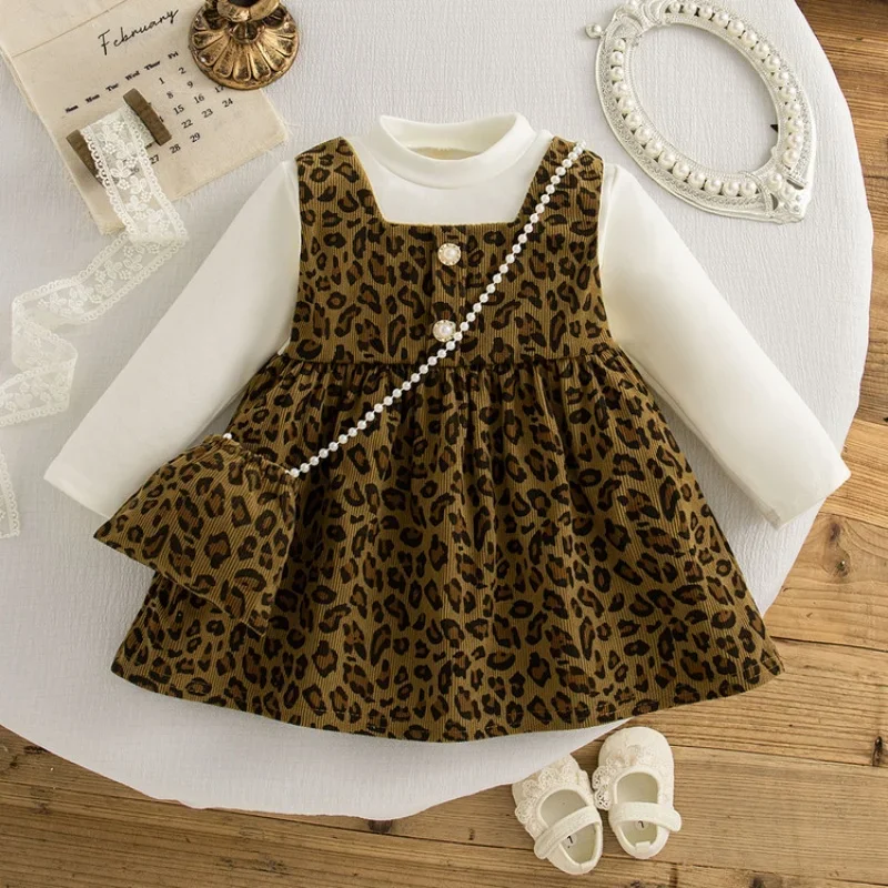 

Autumn Spring Newborn Baby Girl Leopard Print Long Sleeve Dress Pretend Two Piece Princess Dress with Ruffles for 1-3Y