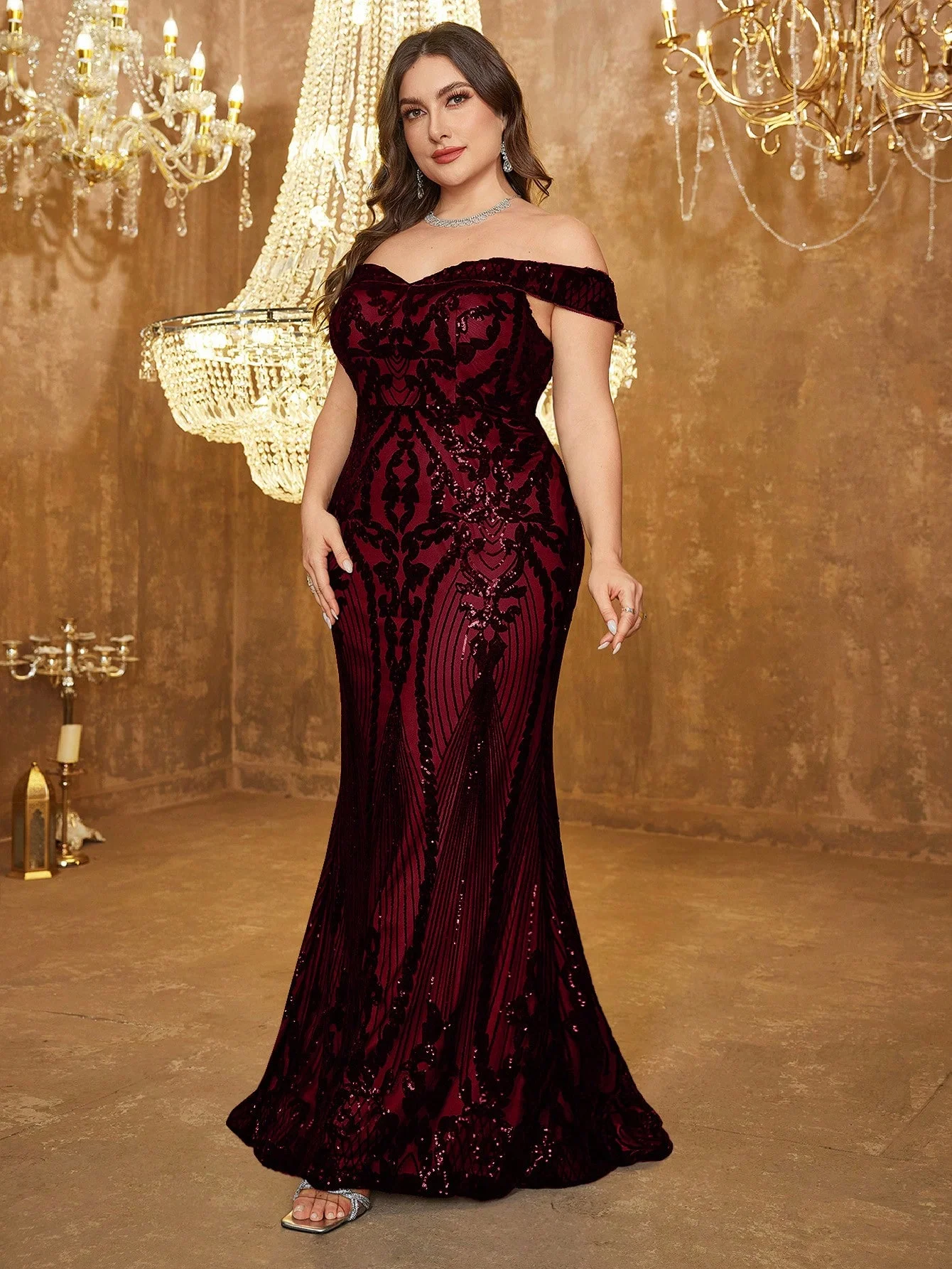 

Элегантное и роскошное вечернее платье-бодикон UNITHORSE больших размеров для женщин, с открытыми плечами и пайетками