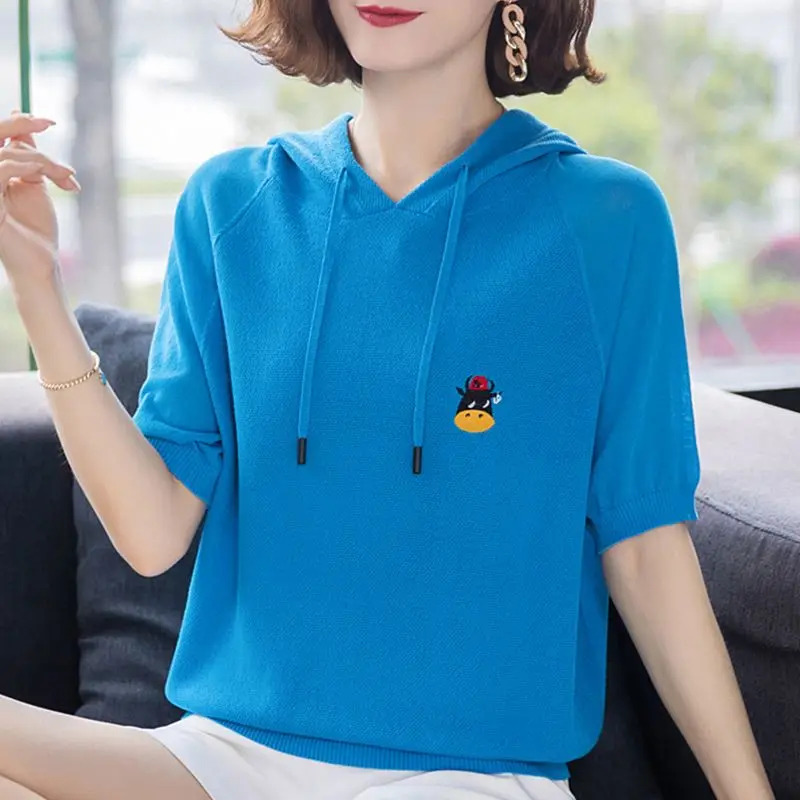 Women's Clothing Summer Korean Embroidery Drawstring Knitted Hooded T-shirts Y2K Trendy Casual Short Sleeve Loose Pullover Tops