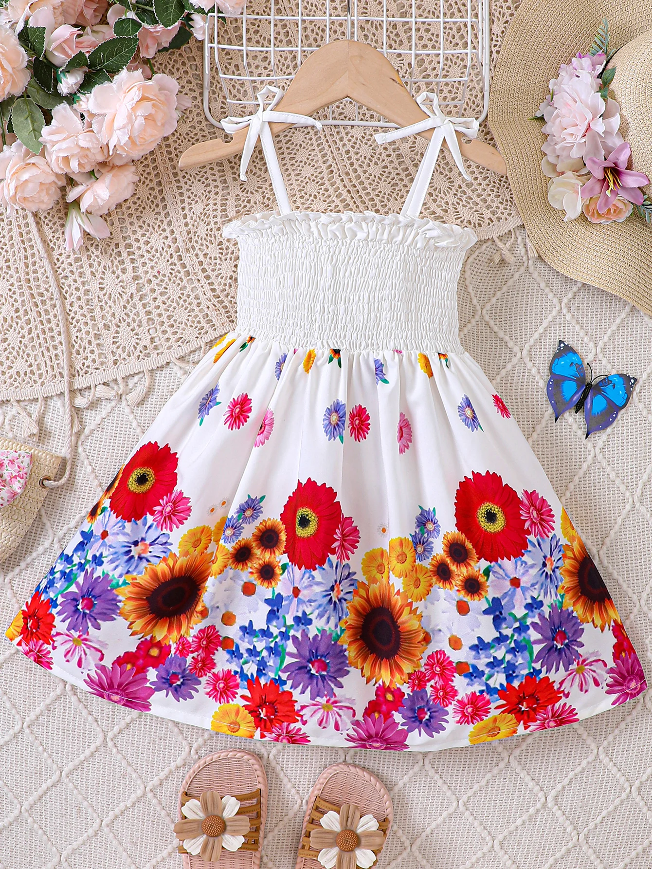 Girls' summer new sweet resort style strap bow sundress + hem romantic flower series floral print dress