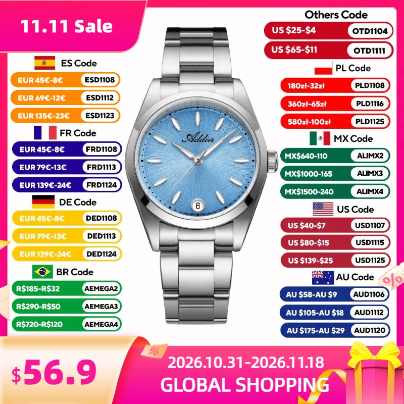 ADDIES 31mm Women Watch Luxury 316L Stainless Steel Sapphire Crystal BGW9 Luminous 50m Waterproof Sport Business Watch AW25907