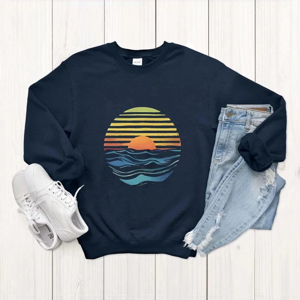 サンセットウェーブスウェットシャツ海岸グラフィックデザイントレンディな秋冬カジュアルルーズ長袖リラックス快適な布トップス