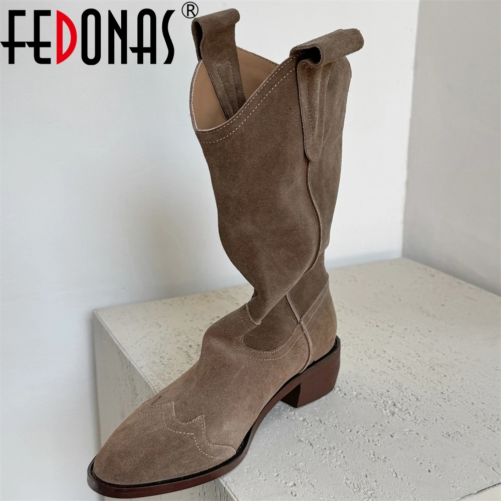 

FEDONAS Women's Boots Retro Autumn Winter Mid-calf High Boots Women Comfy Walking Female Western Cowboy Suede Leather Boots