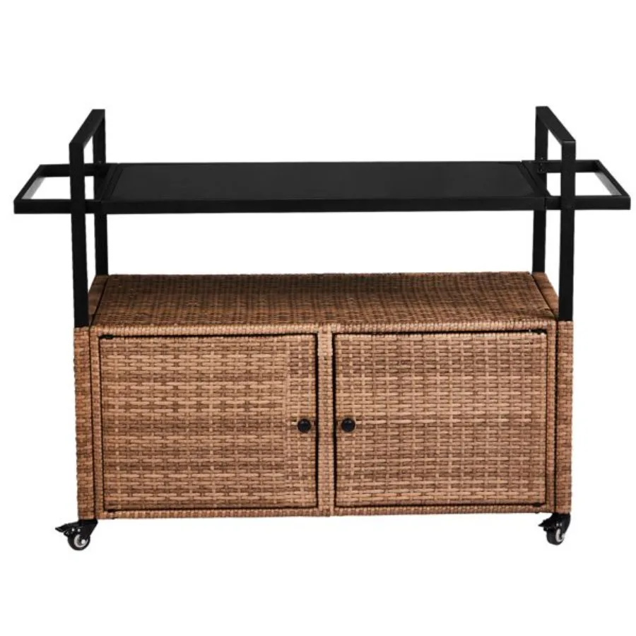 

Outdoor Bar Cart Table Large Wicker Island Rolling Cart Wheeled Buffet Serving Cart with Glass Top Storage Cabinet Handles for