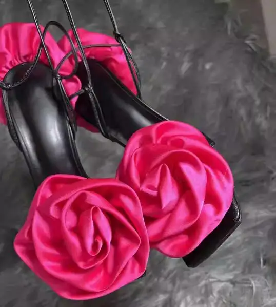 Big White Fuchsia Silk Rose Flower Back Ruffles Sandals Women Square Peep Toe Thin High Heels Cutout Woman Shoes