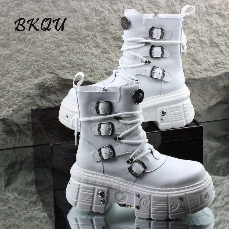 

BKQU Punk Style Men's Shoes 2025 Spring New Thick Sole Inside Increase Chelsea White English Style High Top Motorcycle Boots