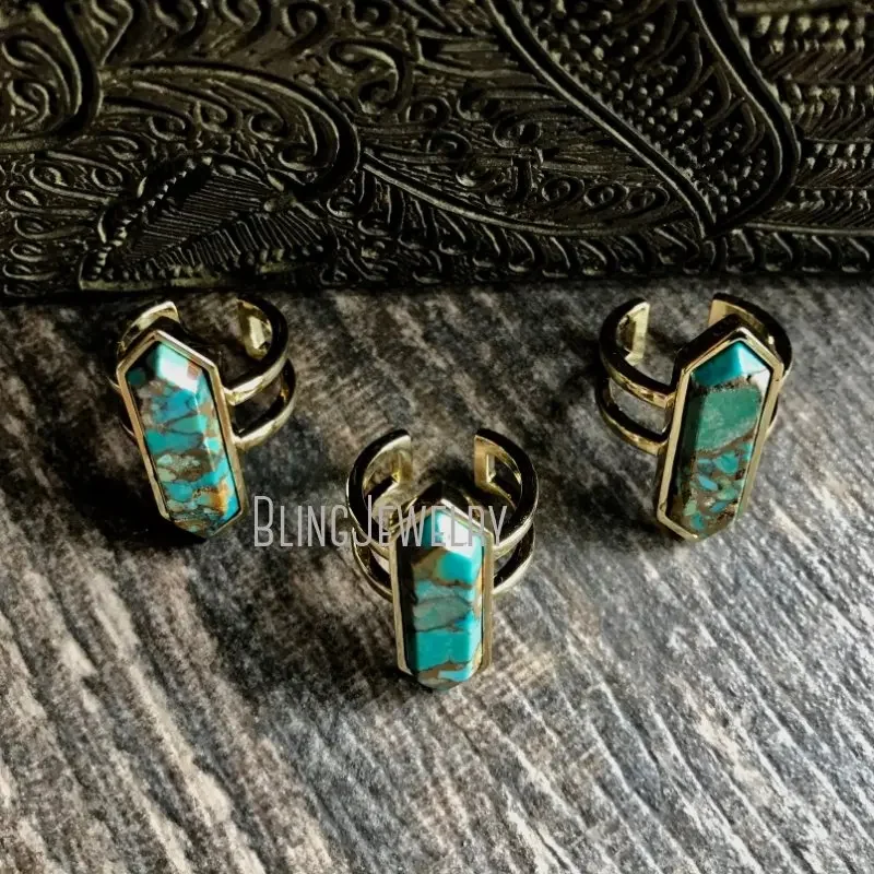 Imagem -04 - Anel de Noivado Boho Turquesa para Mulheres Pedra Azul Natural Faixa de Cor Dourada Jóias Retro em Aço Inoxidável 10 Peças