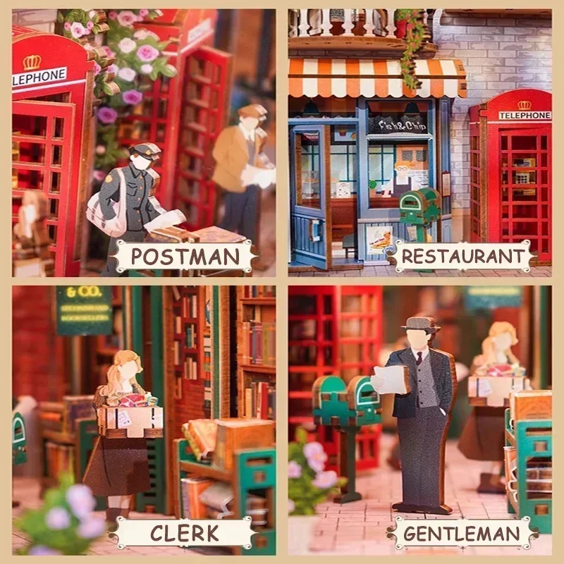 

Retro DIY Wooden 84 Charing Cross Street Book Nook Shelf Insert Miniature Kits Bookshelf Home Bookend Decor