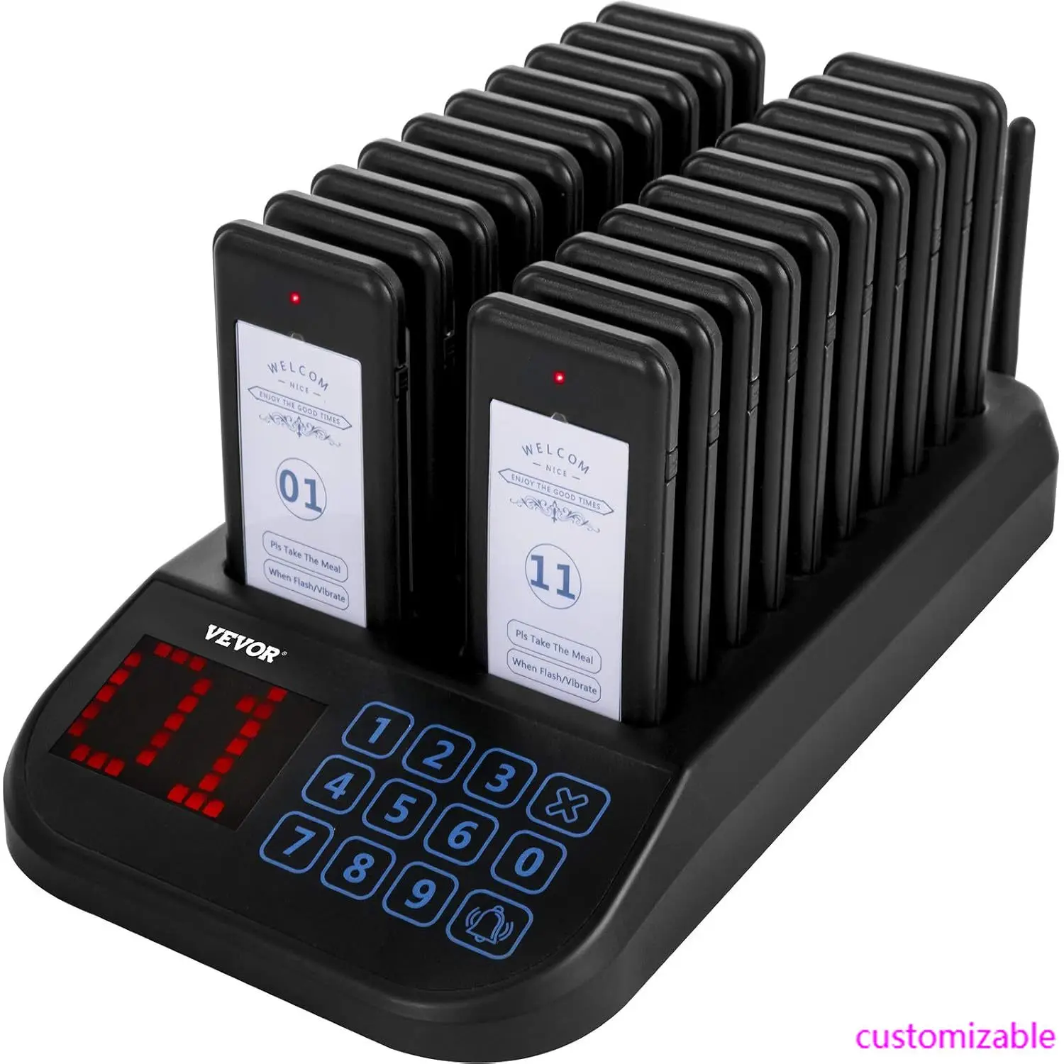 

F103 Restaurant Pager System 20 Pagers, Max 98 Beepers Wireless Calling System, Touch Keyboard with Vibration, Flashing