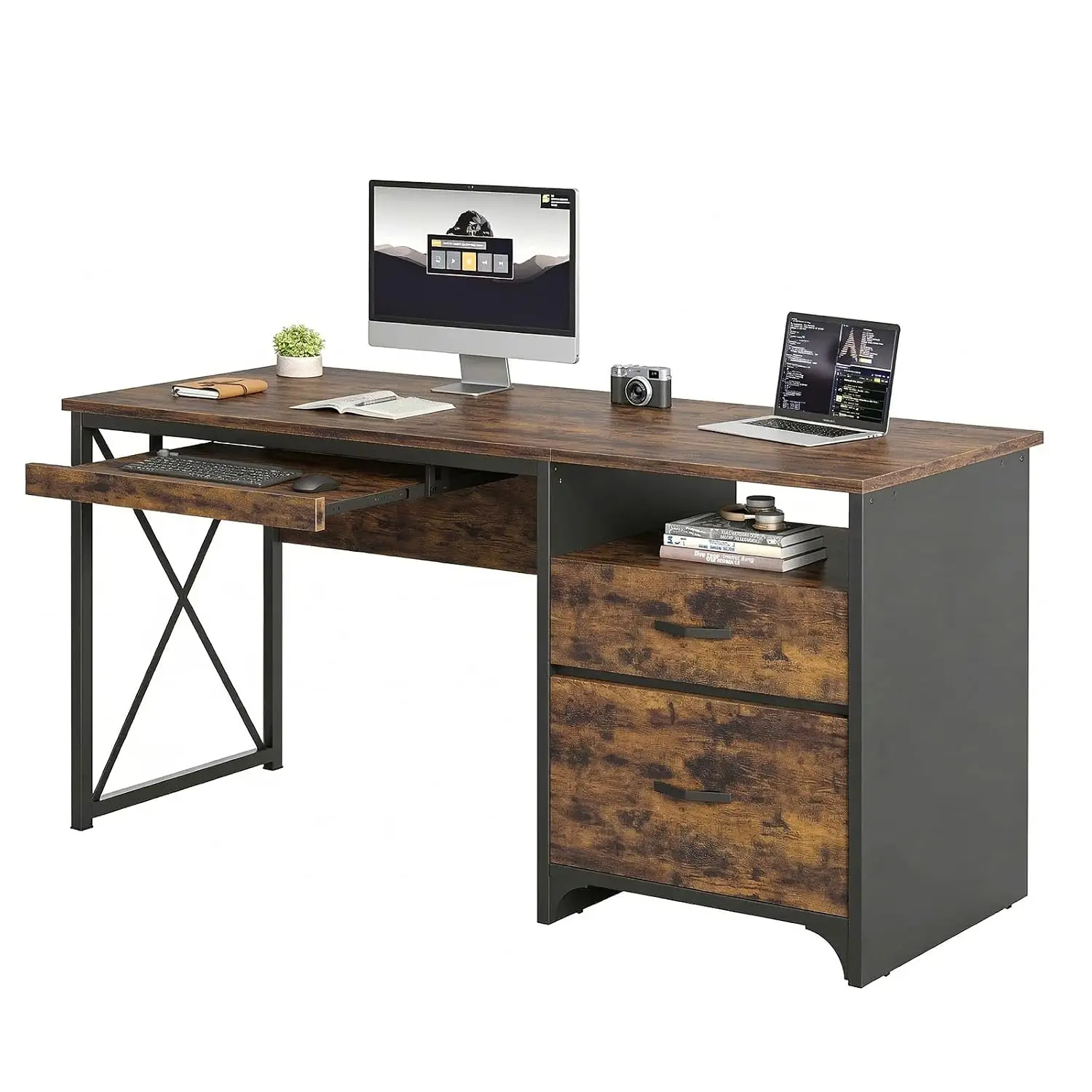Industrial Computer Desk with Drawers Storage Keyboard Tray File Cabinet 55 Inch Wood Home Office Rustic Brown, Customized