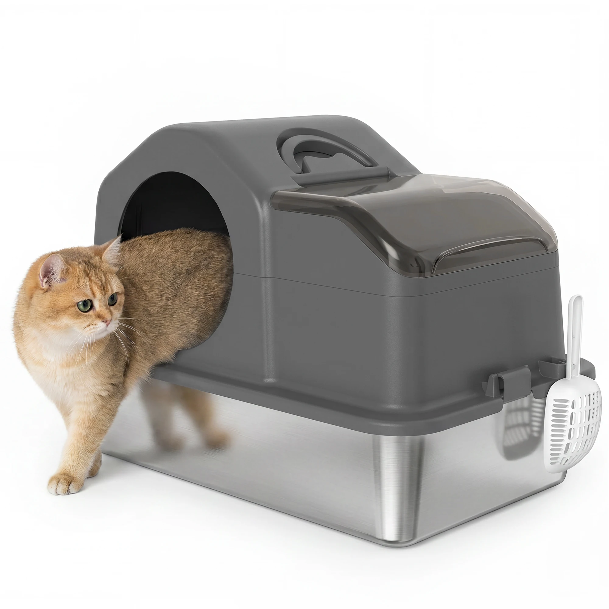 PawHut Arenero para Gatos Cubierto Extragrande Caja de Arena Cerrado con Bandeja de Acero Inoxidable Tapa Extraíble Bordes Altos Tapetes Pala sin Olor Fácil de Limpiar para Gatos Grandes Gris Oscuro