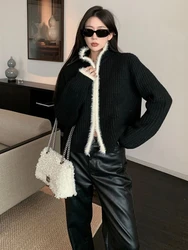 Deeptown Vintage Zipper Knitted Cardigan Women Y2K Old Money Oversized Cropped Sweater Korean Luxury Contrast Autumn Outerwear