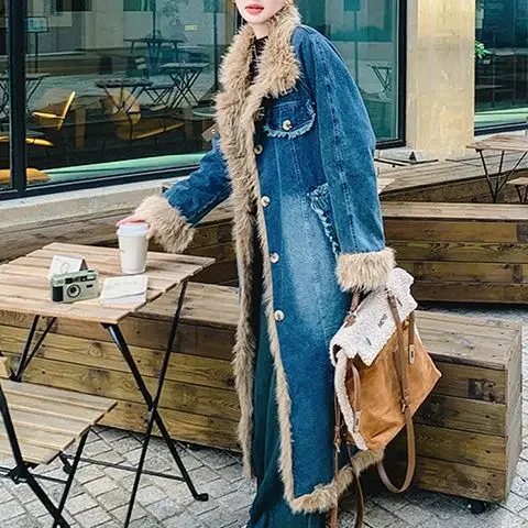 Vintage Korean Denim Wool Collar Stitching Coat Women Winter Thicken Warm Top Loose Cotton Jeans Jacket Street Lamb Wool Outwear