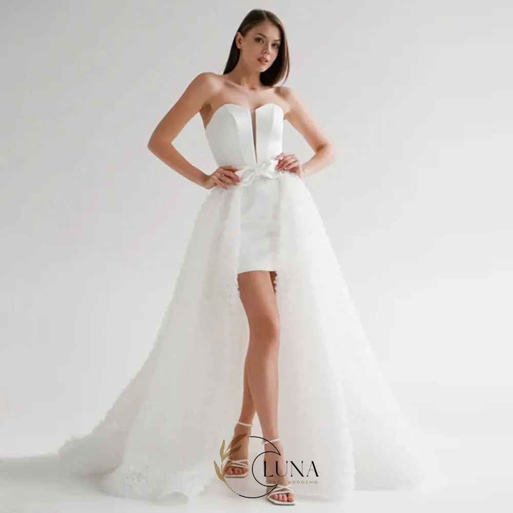 Luna Customized Simple Satin Short Wedding Dresses With Detachable Train Sweetheart Bowknot Ruffles Mini Bride Robe de mariage
