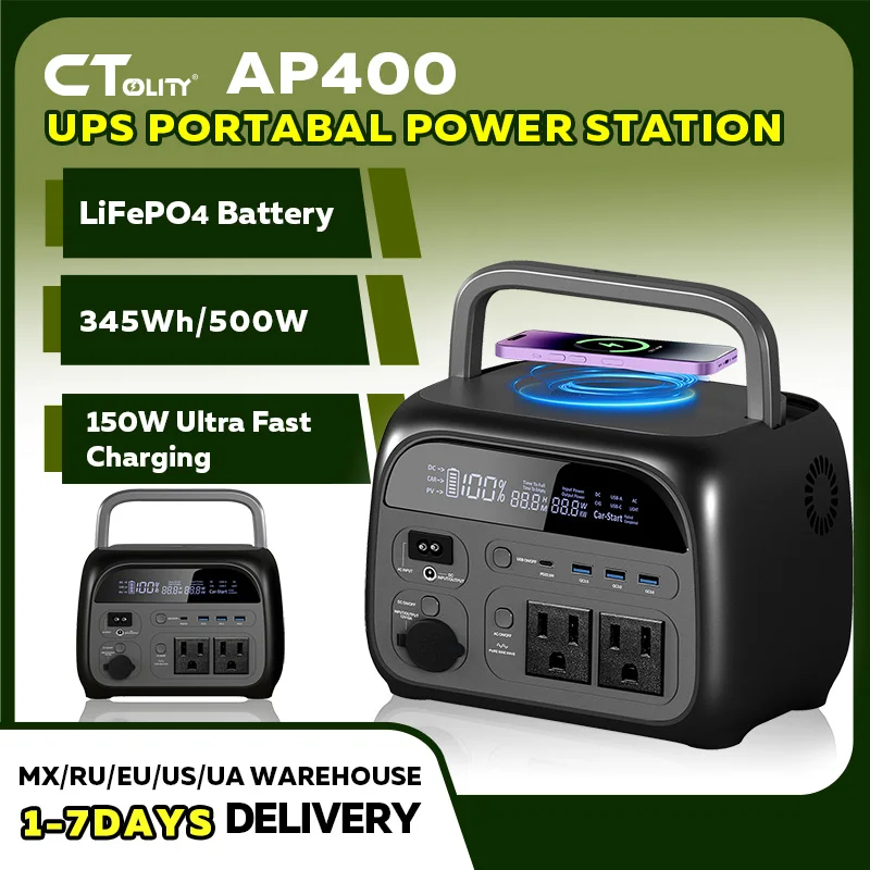 CTOLITY AP400 345WH 500W Portable Power Station Camping Solar Generator 108000mAh LiFePo4 Battery Energy Storage Supply