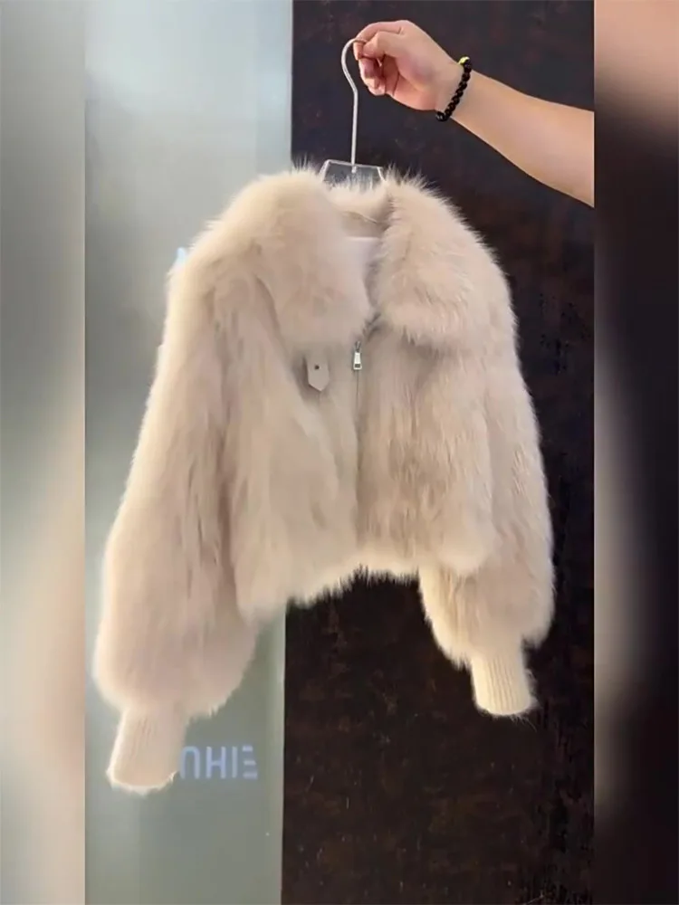 European American Furry Short Jacket with Fur Collar Thickened Integrated Imitation Fox Fur Warm Casual Outerwear for Women