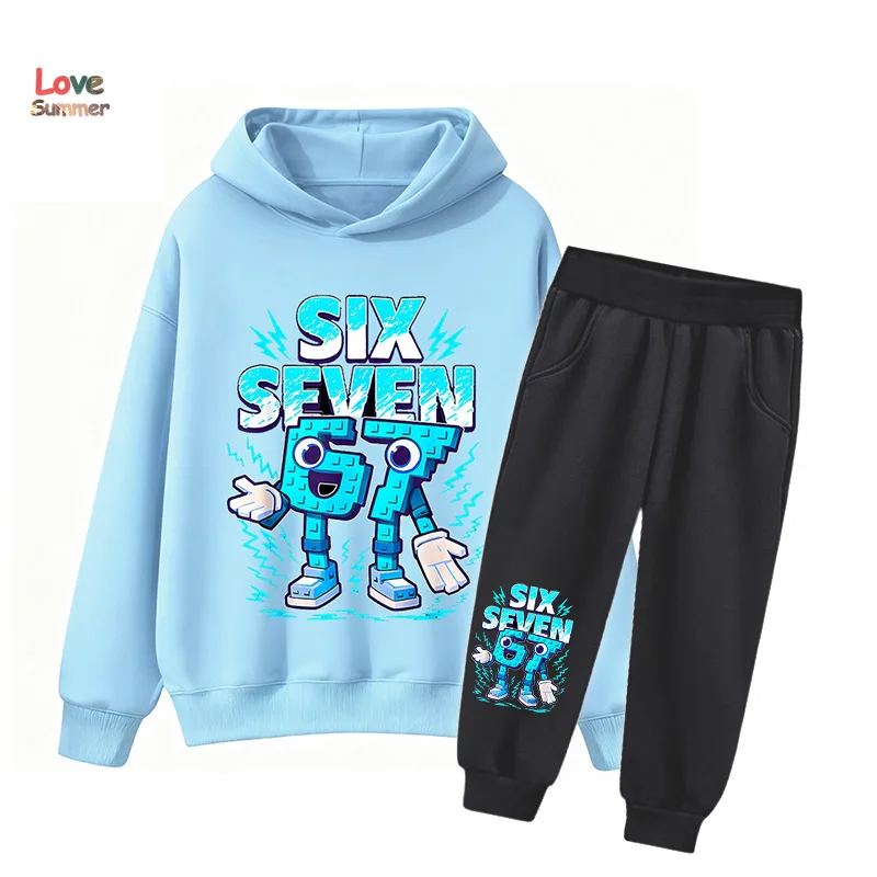 Completo 2 pezzi felpa con cappuccio e pantaloni 67 Six Seven per bambini e bambine, tuta casual per neonati e bambini, stile italiano.