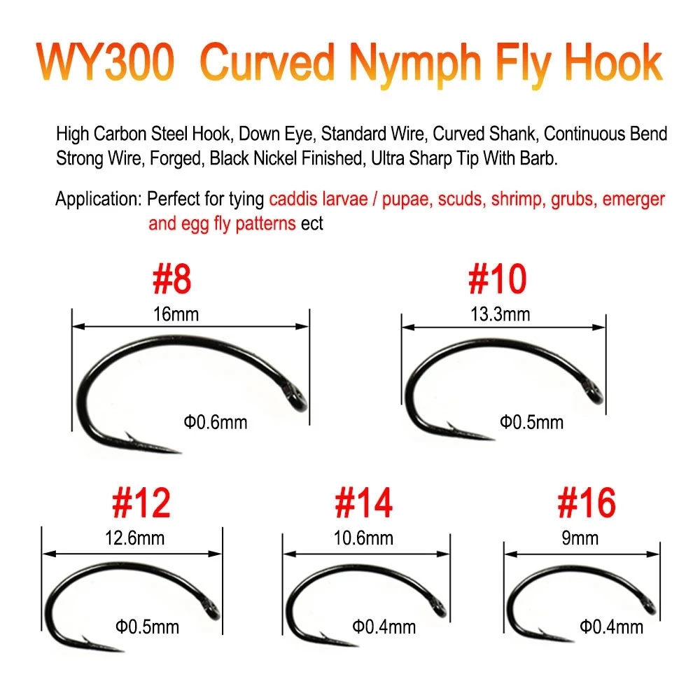 ICERIO 500PCS Fly Tying Hook Nymph Bug Shrimp Scud Pupae Larvae Caddis Flies Fishing Hooks #8~#16 Fly Fishing Hook