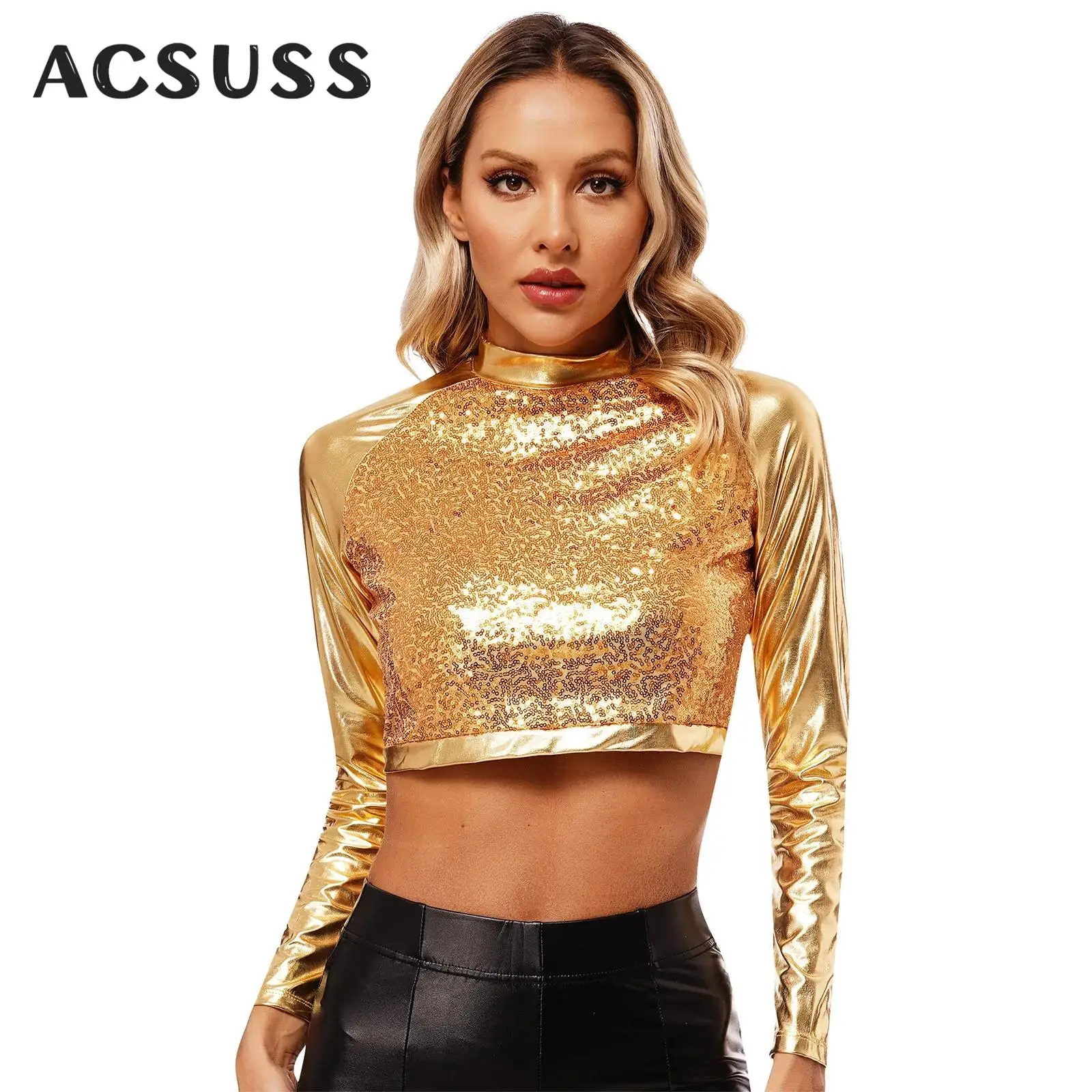 Womens Shiny Metallic Dance Top Long Sleeve Mock Neck Tank Tops Carnival Festive Clubwear Dancing Party Costumes for Performance