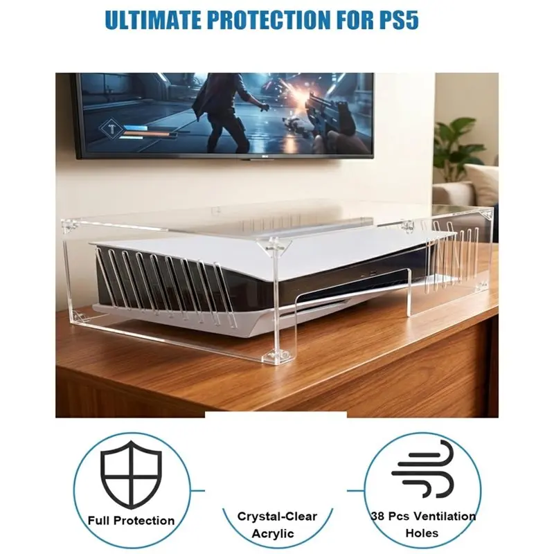 Horizontal Clear Acrylic Dust-Proof Cover for PS5 Slim & Pro, Protector for Horizontal Setups