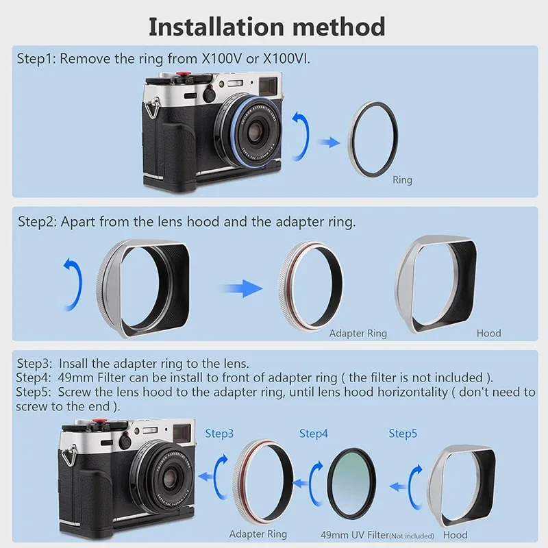 Square Metal Lens Hood with 49mm Adapter Ring & Metal Cap for Fujifilm Fuji X100VI X100V X100F X100T X100S X100 X70 Camera