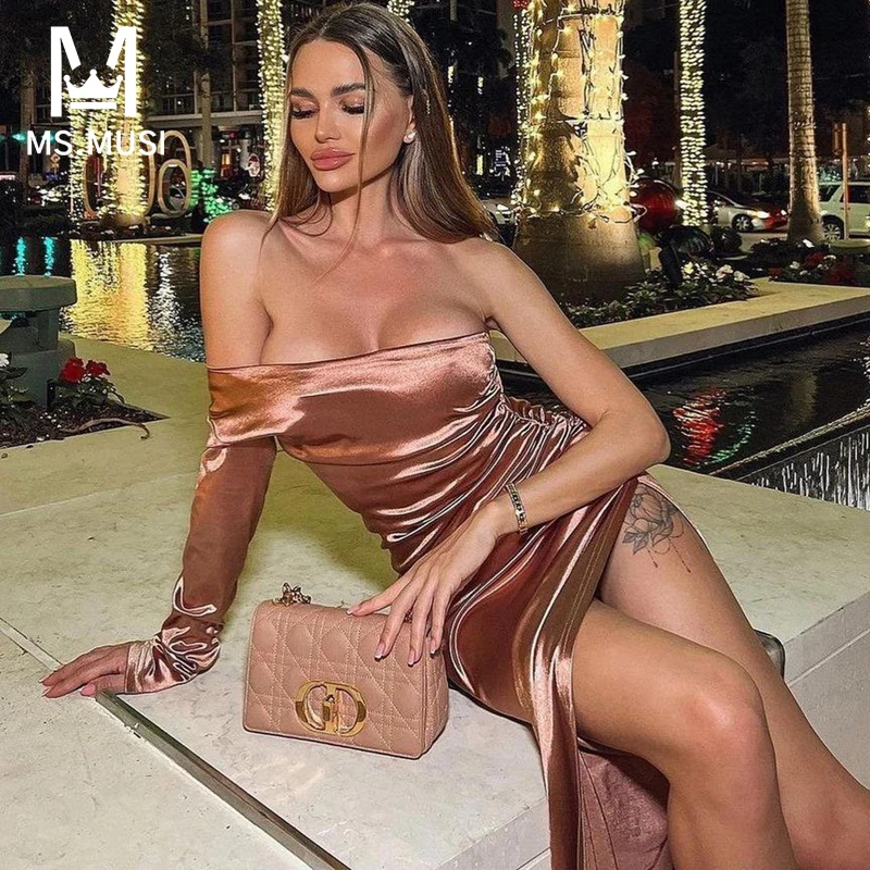 

MSMUSI 2023 New Fashion Women Sexy One Shoulder Satin Fold Long Sleeve Backless Bodycon Party Club Slit Maxi Dress Long Gown