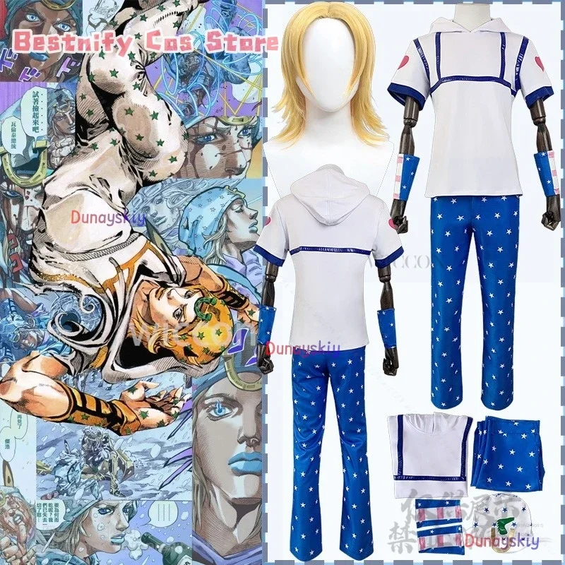 

CosplaySbr Anime Jo Cosplay NEW Bizarre Costume Johnny Joestar Top Blue Pants Hat Wrist Guard Gold Wigs Jirai Kei Set Man Custom